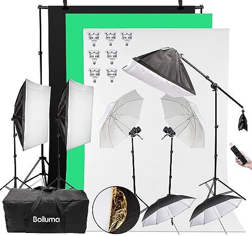 BOLLUMA Background Support System Kit with Backdrops Softbox Umbrella Reflector 50W Dimmable Light Bulb Boom Light Stand Bag Continuous Lighting Kit for Photography Studio Video Portrait Shooting