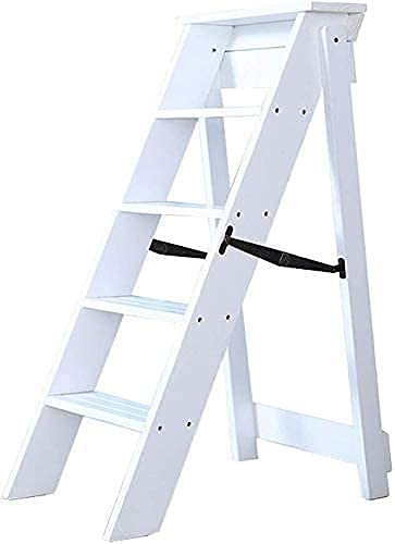 KAZUP Scale Scaletta Telescopica Scaletta Pieghevole Portatile, Sgabello Pieghevole in Legno Massello Scaletta Multifunzione Sedia per Scale con Scala a 5 Gradini,Bianca