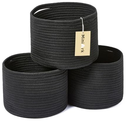 MiniArk Kleiner Korb zum Organisieren | Würfelregal Schrank Aufbewahrungskörbe | 24 x 24 x 19 cm | Geschenkkorb aus gewebtem Seil | Kinderzimmer | rund, 3 Packungen, Schwarz
