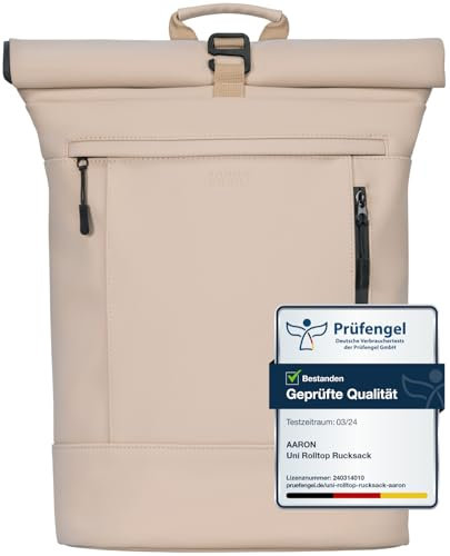 AARON Rolltop Rucksack Damen und Herren, mit Laptopfach, Daypacks, Rollrucksack Damen aus recycletem PET (wasserabweisend) für UNI, Reisen, Alltag, Rolltop Backpack in schwarz und Beige