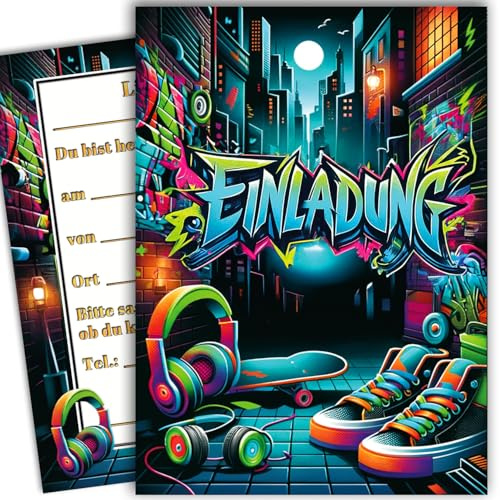 E&G Klasse 10 Kinder Einladungskarten Einladung Kindergeburtstag Graffiti Neon City Beats Jungen und Mädchen Kinder-Geburtstag Geburtstag Party Einschulung 5 6 7 8 9 10 11 12 13 14