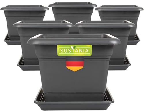 SUSTANIA Pflanzkübel Eckig 28x28 Anthrazit 6er Set - Robuster Blumentopf GroÃŸ, Ãœbertopf Ideal für Tomatenpflanzen, Eckige Pflanztöpfe Kunststoff für Garten & Balkon