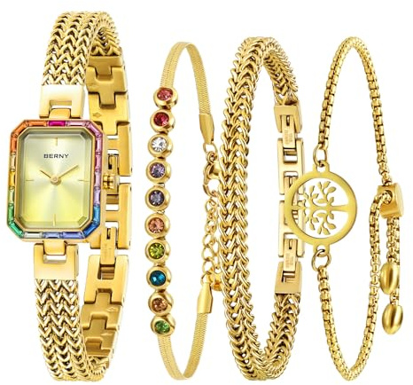 BERNY Guldklocka för kvinnor Petite Armbandsur Färgade stenar Accentuerad Case 3ATM Vattentät Ladies Minimalist Klockor och Armband Set