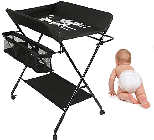 OHMG Fasciatoio Pieghevole Fasciatoio Portatile con Cintura di Sicurezza e Scomparti Portaoggetti,Tavolo Cambio Pannolini Multifunzionale Portatile per Bagnetto Neonati,4 ruotes