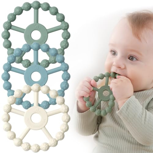 Seposeve Beißring 3er Pack, Kühlend Silikon Greifling Spielzeug Ab 9 Monaten, Babygeschenke 6-12, 12-24 Monate, BPA-FREI, Grün Blau Weiß