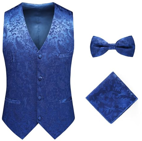 ULPUDFAO Gilet Uomo Smanicato, Gilet Monopetto Slim Fit In Jacquard Elegante Giacca Da Smoking Senza Maniche Con Papillon E Fazzoletto Da Taschino Chic Abito Da Sposa Gilet Per Uomo Blu S