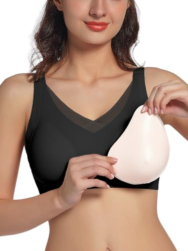 Soutien-Gorge de Mastectomie pour Femme avec Poches – Soutien-Gorge Quotidien pour Post-Chirurgie – 1 Paire de Coussinets de Poitrine Amovibles, Noir, Taille XL