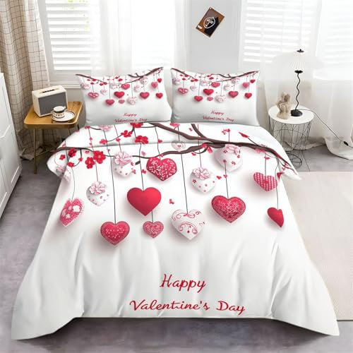 Copripiumino 260 cm x 220 cm 3D Fiori Cuore Rosso Bianco, Set Di Biancheria Da Letto Stampato 3 Pezzi Con Chiusura A Cerniera, Comodo Copripiumino In Microfibra Con 2 Federe