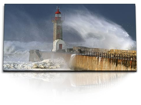 Paul Sinus Wandbild 120x60 cm – Atemberaubendes Leuchtturm-Wandbild mit tosenden Wellen auf Leinwand, ideal für maritime Raumgestaltungen