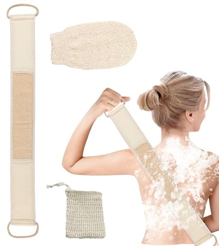 Peelinghandschuh,2 Teiliges Set Exfoliating Gloves,Rückenbürste,Leinen Duschbürste Rücken,Exfoliating Gloves,Rückenschrubber Geeignet für Männer Und Frauen(Reis-Weiß)+1 Seifenbeutel