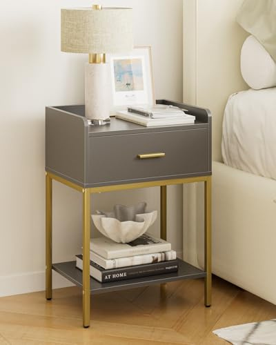 HEYZOEY Nachttisch Grau, 3-Tier modern Nachttisch Nachtschrank mit Schublade und Regal, Kleiner Beistelltisch für Schlafzimmer, Wohnzimmer, grau (ohne Steckdose)