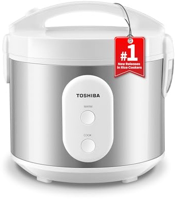 TOSHIBA Rice Cooker & Steamer Simple 5.5 Cup(Uncooked) with Steaming Basket, Removable Non-Stick Inner Pot & Inner Lid, for Soups, Stews, Grains&Oatmeal, One Touch&Keep Warm Function, Silvery White