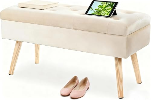 Hawthyhome Gepolstert Sitzbank mit Stauraum, Polsterbank mit samten Aufbewahrungsbox, Fußhocker mit Holzbeine für Flur Wohnzimmer Schlafzimmer 80 × 35 × 43 cm Cream