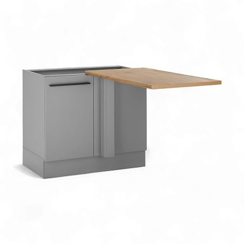 DENVER Eckschrank Küche Unterschrank mit Arbeitsplatte Grau Lancelot Eiche | 112 x 90 x 60 cm (B/H/T), Eck-Unterschrank mit Tür, Einlegeboden und mattschwarzen Stangengriffen für die Küche, mit Stauraum