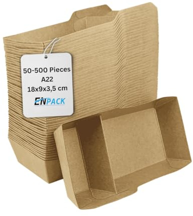 Enpack Snackschale A22-100 Snackschalen aus Kraftkarton - Einweg Pommesschalen - Pommes-Frites-Trays - Snack Container - Fingerfood Schiffchen mit 2 Fächer beschichtet - abbaubar 9x18x3,5 cm