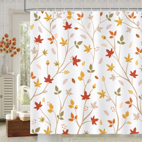 Bonhause Cortina de Ducha Hoja de Arce Floral Hojas de Acuarela Otoño Planta Cortina de Baño de Poliéster Impermeable Antimoho Lavable Cortina Ducha 180 x 180 cm con 12 Ganchos