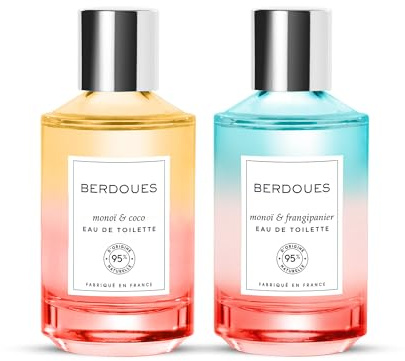 BERDOUES - Eau de Toilette Monoï & Frangipanier + Eau de toilette Monoï & Coco, Lot Solaire et Exotique, Parfum femme, Vegan, Made in France, flacon 2x100ml