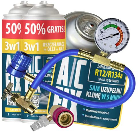 A/C FIX Sostituzione gas R134a 3 in 1 2 x 235 g + tubo e adattatore per aria condizionata auto 1995-2016 - Refrigeratore per climatizzatore automobilistico - Gas per climatizzatore auto
