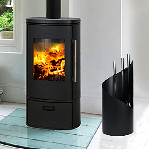 LILIIN Serviteur de cheminée moderne en acier inoxydable - 4 pièces - Avec balai, pelle, tisonnier, pince et support avec brise-vue - Noir