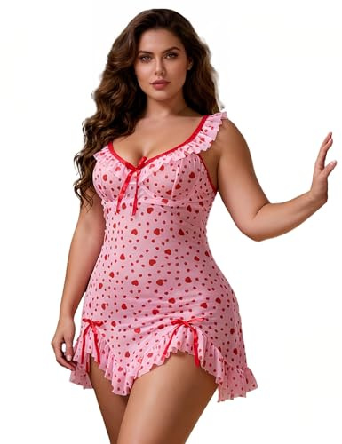 ohyeahlady Women Heart Print Sexy Lingerie, Plus Size Babydoll Nightwear