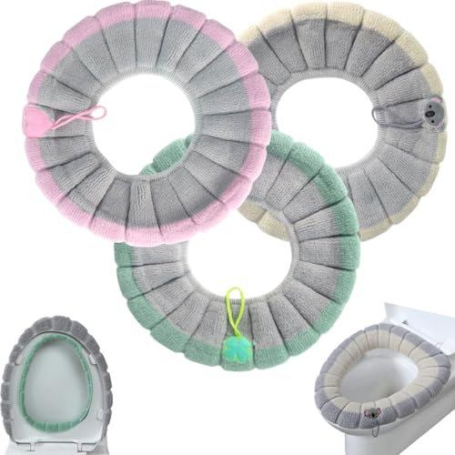 3PCS Toilet Seat Cover Cushion Pads, Bathroom Soft Thicker Warmer Toilet Cover with Handle, Padded Toilet Seat Cushion Cozy Breathable Stretchable Reusable Washable Universal Size