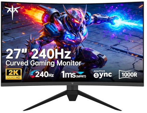KTC Monitor curvo per gaming da 27 pollici e 240 Hz, monitor per computer 2K QHD 2560 x 1440p con 1000R, contrasto 2500:1, sincronizzazione adattiva, DP 1.4, HDMI 2.0, VESA, inclinabile, H27S25E