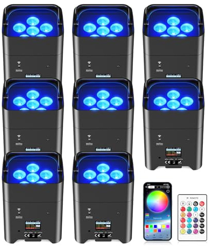 PUZILOZA 8er 1108W Akku LED Par Strahler APP (IOS- und Android) mit Fernbedienung/DMX, wiederaufladbarer RGBWA+UV LED Bühnenlicht Uplight Partylicht Disco Licht für DJ Bar KTV Hochzeit