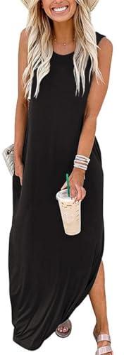 Summer Maxi Dresses for Women 2026 Casual Sleeveless Loose Beach Good Vibes T Shirt Dresses with Pockets