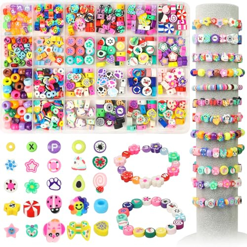 560 Stück Perlen für Armbänder Kinder, 24 Arten Bastelperlen zum Auffädeln | Armband Bastelset mit Blumen Tieren und Buchstabenperlen, Perlen Armbänder Selber Machen Set für DIY Schmuck Halsketten
