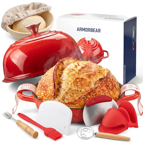 Armorbear 4.7L Enameled Cast Iron Sourdough Bread Oven & Starter Kit, Red | Tight-fitting Dome Lid Helps Retain Steam, Baking Kit Supports Proofing, Scoring & Dough Transfer, Complete Artisan Bread Set
