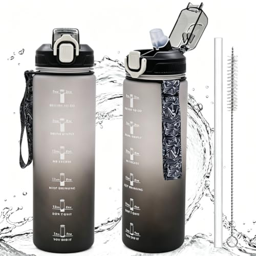 Botella Deportiva 1L Antifugas Diseño Degradado, Botella de Agua con Marcadores Temporales Motivacionales, Incluye 2 Pajitas de Repuesto + Cepillo de Limpieza, Sin BPA & Compatible con Bebidas Carbona