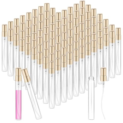 Xaztr 100 Pack 10 ml Mini Glass Perfume Bottles Bulk Mini Spray Atomiser Clear Refillable Fine Mist Empty Travel Sample Spray Bottle for Travel Perfume Liquid Essential Oils