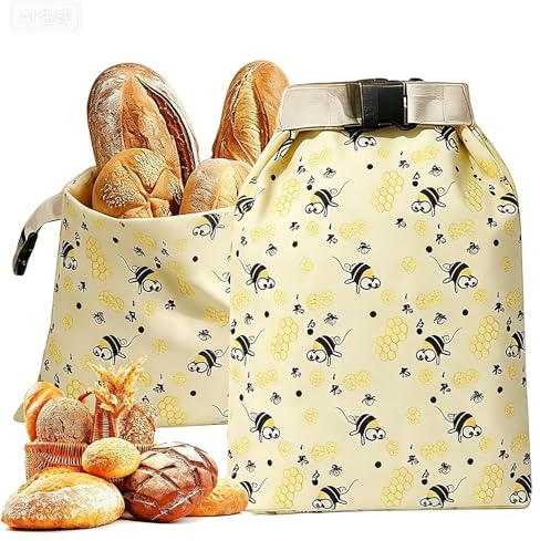 2 Pack Reusable Beeswax Bread Bags for Sourdough, Extra Large Cotton Linen Bread Storage Bags with Natural Beeswax Lining & Zipper, Freshness Keeper for Homemade Bread, Freezer Safe (A)
