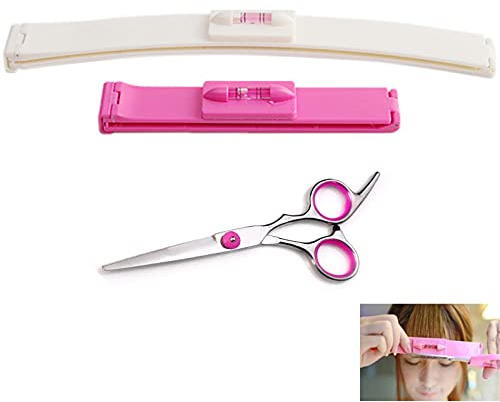Hair Cutting Scissors Kit, Hair Cutting Tool with Scissors，Hair Cutting Guide,Hair Trimmer Fringe Cut Tool Clipper Comb Guide For Hair Bang Level Ruler Hair Accessories for Women Adults Kids Pink