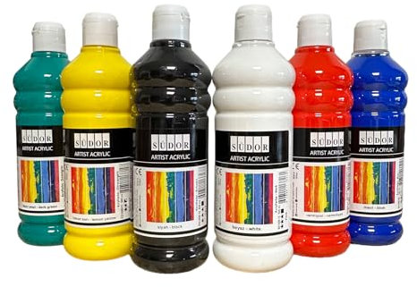 Set di 6 colori acrilici da 500 ml. per pittura di alta qualità e coprenti per legno, pietra, tela, cartone da colorare, carta, tessuto, pelle, metallo, pouring, multiuso, 6 x 500 ml