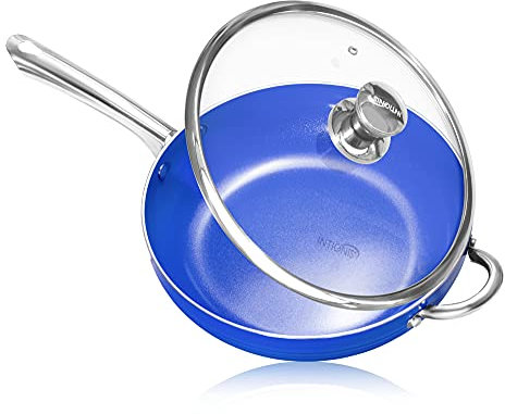 Padella 28cm a induzione con coperchio in vetro, bordo alto, rivestimento antiaderente chimico rinforzato in ceramica, coperchio in vetro a prova di forno (28 cm, Blu)