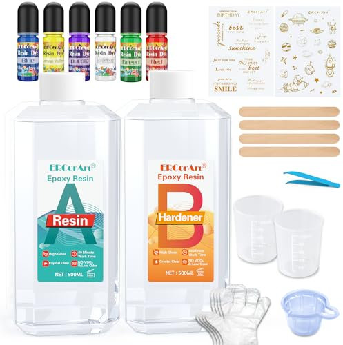 Epoxidharz Set Anfänger 1000 ml/33.8 oz, Glasklar Kunstharz Gießen Epoxy Resin Gießharz Mit Epoxidharz Farbe, Glitzer, holzstäbchen, Handschuhe, messbecher, für Kunstprojekt, schmuckherstellung