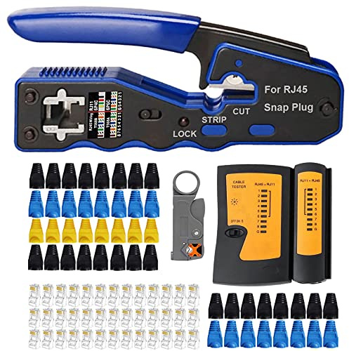 Mayline RJ45 Netzwerk-Tester, Kabel-Kits, Crimpzange für RJ11, Cat5, Cat6, mit 50-teiligem Werkzeugset aus Kristall, Abisoliergerät für Datendetektor (grau)