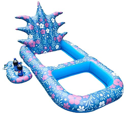 MVDECOR Galleggiante Gonfiabile per lettini da Piscina con portabevande - Galleggiante per Piscina all'ananas con Rete Galleggiante Stabile per Feste in Piscina per Adulti e Bambini,Blue