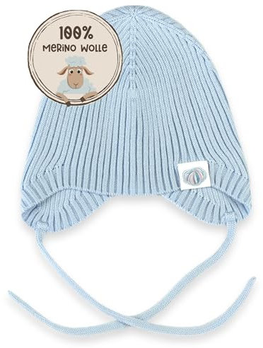 Warme gerippte Babymütze gestrickt aus 100% Merinowolle I Unisex Strickmütze mit Ohrenklappen und Bindebändern I weiche Baby Wollmütze ohne Futter I Rippenstrick (Blau, 6M (40-44))