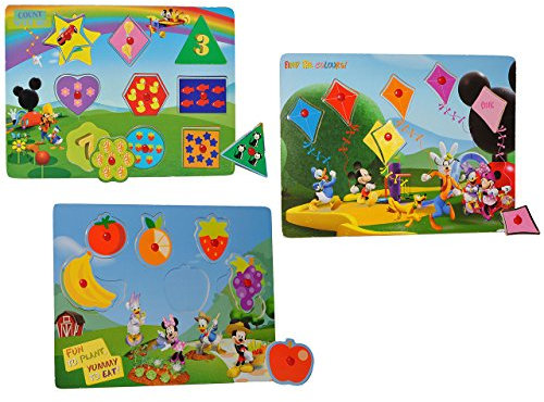 3 TLG. Set: Puzzle mit Griffen - Holzpuzzle/Legespiel - Mickey Mouse - Essen + Farben + Zahlen/Griffe Griff - für Kinder Steckpuzzle - Formenpuzzle aus Ho..
