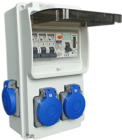 RoadEu Stromverteiler 230V mit Zähler, 4x Schuko Steckdose mit Schalter, Steckdosenverteiler mit Fi Schutzschalter 40A typ A/AC, LS C16A. Baustromverteiler IP44. Stromzähler Hutschiene
