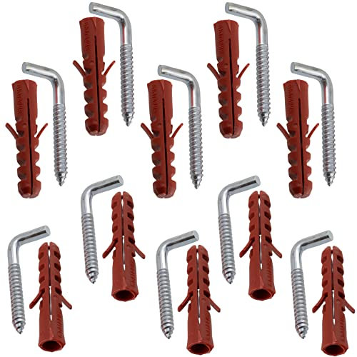 AERZETIX - C65096 - Set di 10 tasselli universali Ø8x40mm in plastica + 10 ganci tipo L per avvitare Ø5x40mm - in acciaio - legno calcestruzzo cemento mattone costruzione lavoro edifici fissaggio