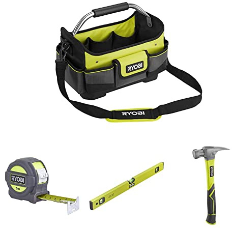 RYOBI - Panier porte-outils avec rubam 5 mètres + Niveau à bulle 60 cm + Marteau de charpentier 453 g