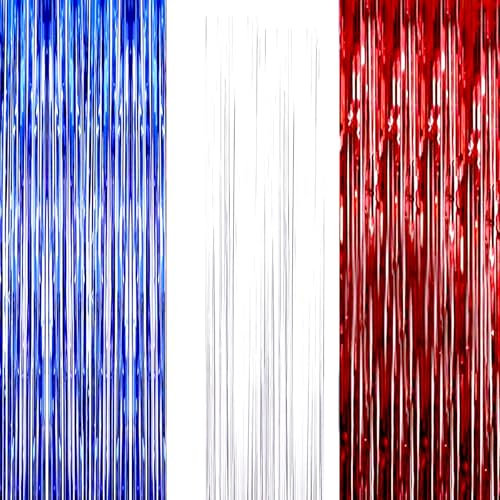 AILEXI 3 Pack 3ft*8ft Party Supplies Foil Fringe Shimmer Curtains, Door Window Decorations Streamers or Wall Backdrop Tinsels - Red White DarkBlue