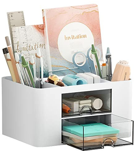 Marbrasse Schreibtisch Organizer mit Schubladen,Multifunktional Stiftehalter Schreibtisch mit 7 Fächer 2 Schubladen,Büro Organizer Zubehör(Weiß)