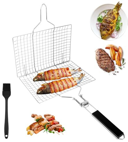 Cestello per Grigliare Barbecue, Cestello per Barbecue, Cestello per Griglia per Barbecue Portatile, Cestino da Barbecue Pieghevole con Spazzole, per Pesce, Bistecca, Gamberi, Verdure (54 * 22cm)