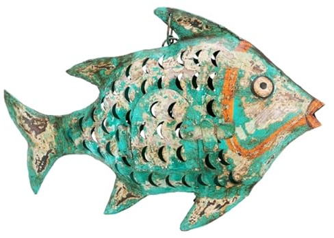 ETC dekorative ausgefallene Metallfigur als Fisch in Shabby grün oder Shabby rot oder Shabby bunt als Windlicht zum Stellen und hängen in verschiedenen Größen (grün)
