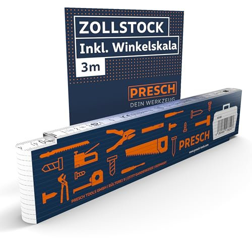 Presch Folding Rule 3m with Angle Scale - Wood - Blue - Foldable - Large & Highly legible Numbers - Precise snapping - Meter Stick, metre Stick, Carpenters Rule, Joiners Rule with Tool Pattern