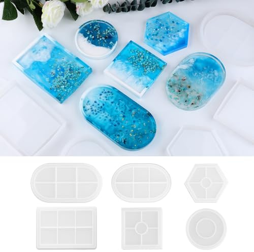 WIKIMO 6 Stück Silikonformen Gießformen Tablett Untersetzer Set Gießformen Silikon Epoxidharz Formen für Tablett Silikonform in Rund, Quadrat und Hexagon für Heimdekoration